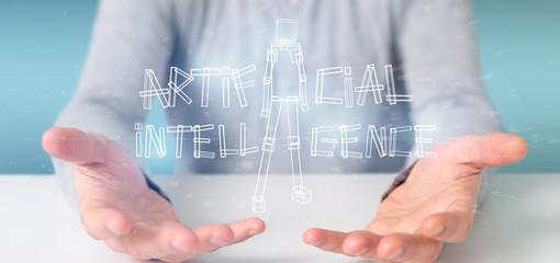 Businessman holding an artificial inteligence robot made of light 3d rendering