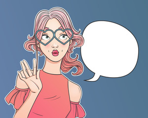 Wow pop art female face. Closeup of pop sexy art surprised woman with wide open eyes holds cat's eye glasses. Vector colorful comic style illustration.