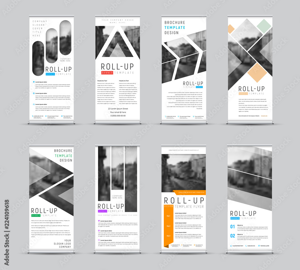 Poster Vector design of roll-up banners with different geometric shapes for a photo.