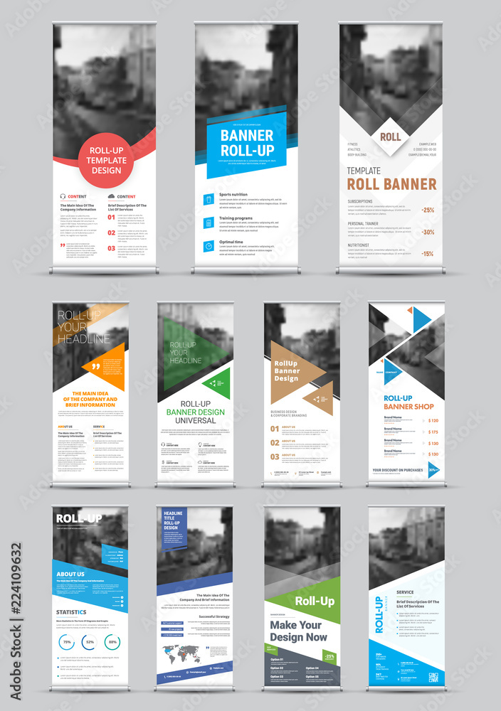 Poster Design of vector white roll-up banners with round, square, diagonal and triangular design elements and a place for photos