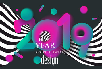 new year 2019 bright colorful background with modern design numbers and abstract elements. Vector illustration