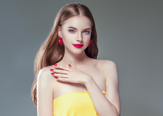 Beautiful woman with manicured nails beautiful hands and hairstyle