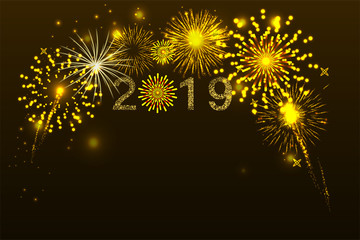 Fireworks with 2019 golden glitter number and space for text. illustration vector.	