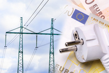 electric high-voltage line network on a background of money close-up. The concept and symbol of...