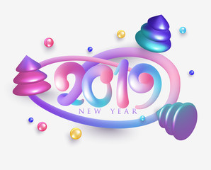 New year 2019 poster with colorful volume letters, frame and christmas trees. Vector illustration