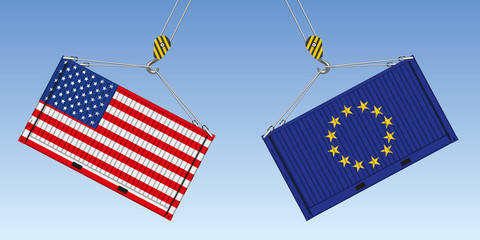 Illustration du choc entre deux conteneurs de marchandises, symbole de la guerre commerciale entre américains et Européens. © pict rider