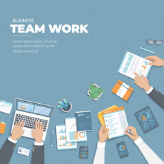 Business meeting and brainstorming. Office team work concept. Analysis, planning, reporting, consulting, project management. Man working together with documents on the table. Vector illustration