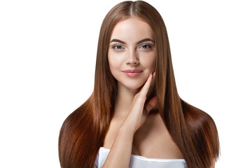 Naklejka premium Woman with beautiful long hair isolated on white healthy and shine hairstyle