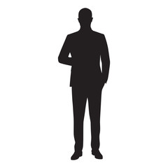 Obraz na płótnie Canvas Businessman isolated vector silhouette. Man in suit standing with hand in pocket, front view
