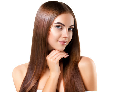 Woman with beautiful long hair isolated on white healthy and shine hairstyle
