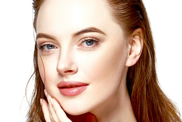 Fototapeta premium Beautiful face woman closeup isolated on white healthy skin