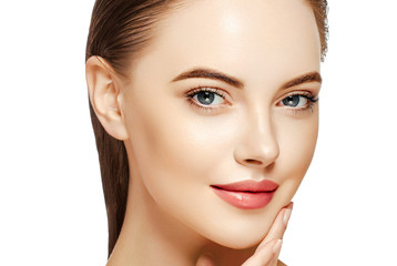 Fototapeta premium Beautiful face woman closeup isolated on white healthy skin