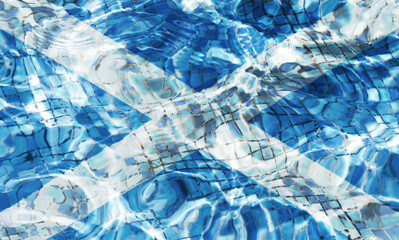 Texture of Scottish flag in the pool, water. Circles on the water.