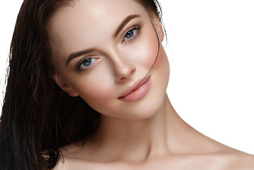 Beautiful face woman closeup isolated on white healthy skin