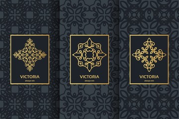 Collection of black backgrounds and golden elements. Set of labels, icons and seamless patterns. Templates with luxury foil for packaging