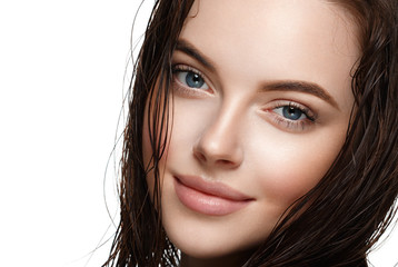 Fototapeta premium Beautiful face woman closeup isolated on white healthy skin