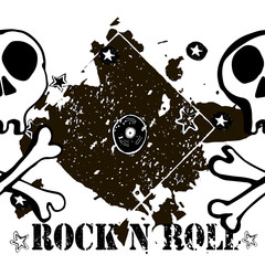 Grunge texture background , text Rock n Roll. Skull and bones. Hand drawn  vector illustration.