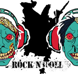 Grunge texture background , text  Rock n Roll. Head of zombie in headphone. Stylish hand drawn vector illustration.