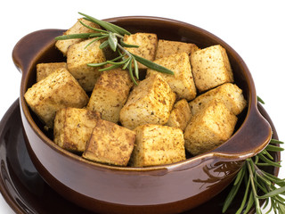 cheese tofu in ceramic ware on a white background. 