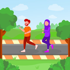 Fototapeta na wymiar Arabian Couple, Muslim Man, Muslimah Woman Jogging Sport In Park Vector Cartoon Illustration