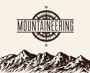 Mountaineering and travelling background with huge mountain range silhouette and windrose. Vector illustration.