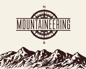 Fotobehang Voor hem Bergbeklimmen en reizen achtergrond met enorme bergketen silhouet en windrose. Vector illustratie.