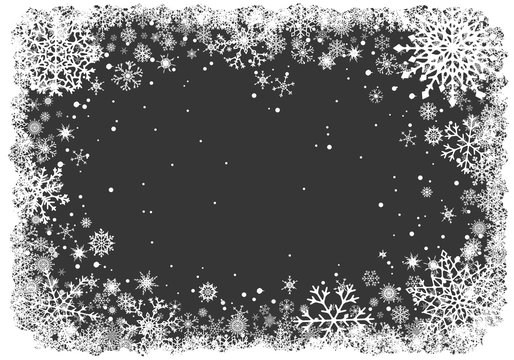 Christmas greting card with white frame of snowflakes on dark grey background. New-Year winter vector illustration.