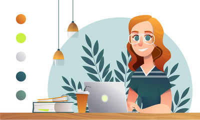 Girl happy study notebook. Sketch school and university vector character in minimalist interior on white backdrop. Cartoon character teenage design.