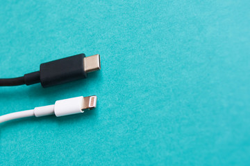 Closeup of USB type c and lightning cable