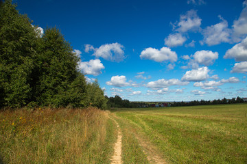 Fototapeta na wymiar road with clouds in the field, space, nature of Russia