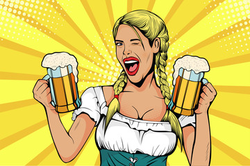 Germany Girl waitress carries beer glasses. Oktoberfest celebration. Vector illustration in pop art retro comic style - obrazy, fototapety, plakaty