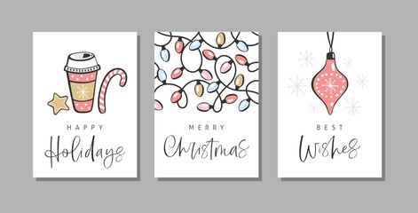 Christmas greeting cards with handwritten calligraphy and hand drawn decorative elements.