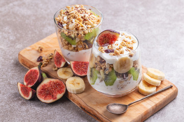 Granola with yogurt, bananas and figs. Copy space