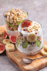 Granola with yogurt, bananas and figs. Copy space