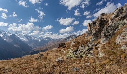 Bright yellow and red autumn in the mountains. Kavkaz. Dombay.