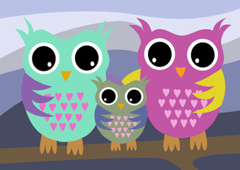 Owls family with mother and father and child color
