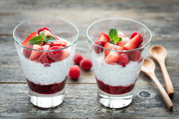 Healthy Chia Pudding With Red Berries On Wooden Table Background