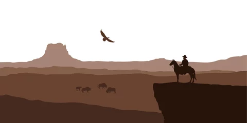 Kussenhoes Silhouette of desert with cowboy on horse. Natural panorama of canyon with mountains. American landscape. Wildlife western scene © shaineast