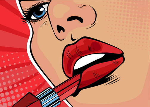 Fototapeta Girl paints her lips with red lipstick. The beauty of the face, makeup. Vector illustration in pop art retro comic style