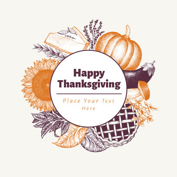 Happy Thanksgiving Day logo template. Vector hand drawn illustrations. Greeting Thanksgiving card in retro style. Design with harvest, vegetables, pastry, bakery. Autumn background.