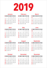 Year 2019 calendar vector design template