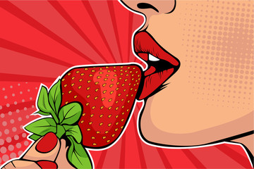 Mädchenlippen mit Erdbeere. Frau isst gesundes Essen. Erotische Fantasie. Vektor-Illustration im Retro-Comic-Stil der Pop-Art.