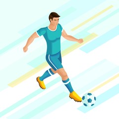 Isometrics Soccer player on a bright background of. Playing football, the player is running, attacking. Colorful concept of the