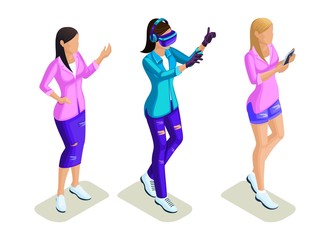 Isometrics young people, stylish girls, teenagers, playing virtual games, selfie, social networking