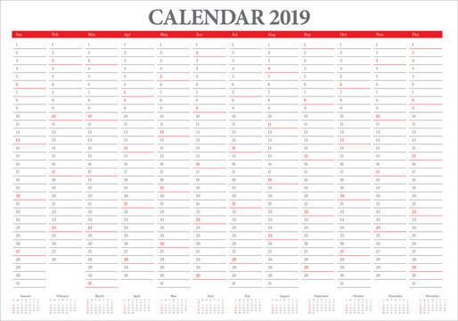 Year 2019 calendar vector design template