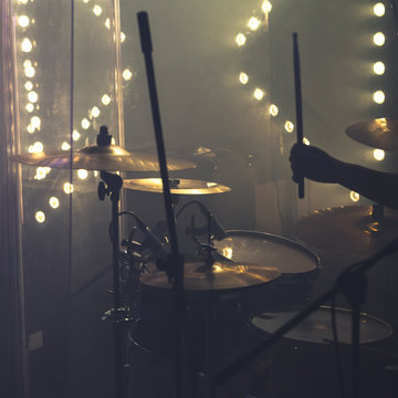 Drum Set With Cymbals And Drummer Hand