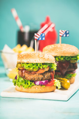 Home made hamburgers, French fries and drink
