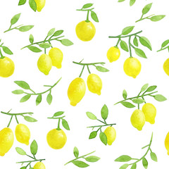 Watercolor Lemons Seamless Pattern. Citrus Background with ripe yellow lemons on branches with green leaves. Italian, Sicily lemons