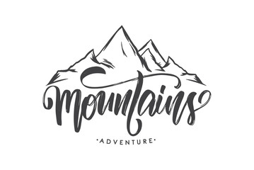Vector illustration: Brush lettering compositionof Mountains Adventure with Hand drawn Peaks of Mountains sketch.