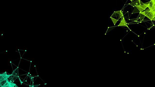 Green structures with triangles on a black background.Abstract space background, geometry surfaces, lines and points. Can be used as digital dynamic wallpaper, technology background.Seamless loop.